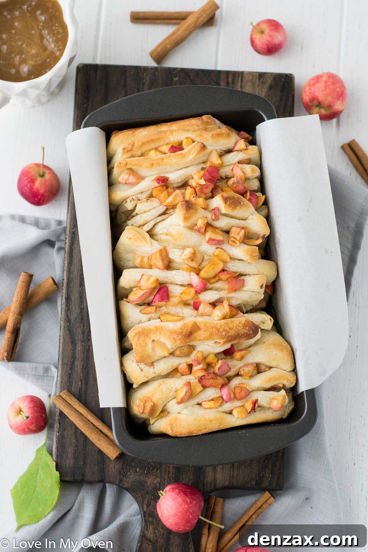 Finished Apple Cinnamon Pull Apart Bread with Caramel Drizzle