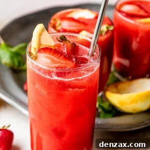 strawberry lemonade sangria in a tall glass and topped with strawberries and lemons