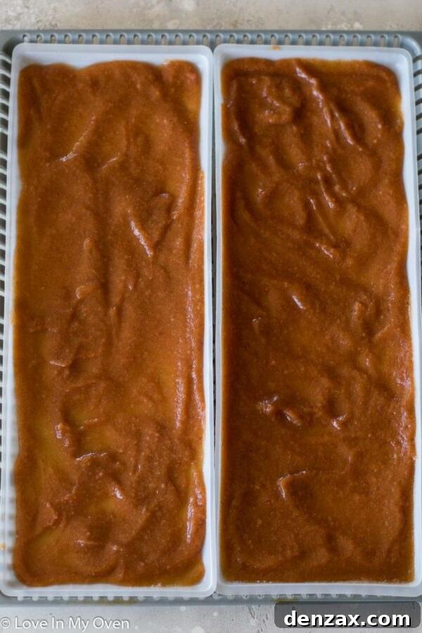 Close-up of thinly spread apple puree on a dehydrator tray, ready for drying