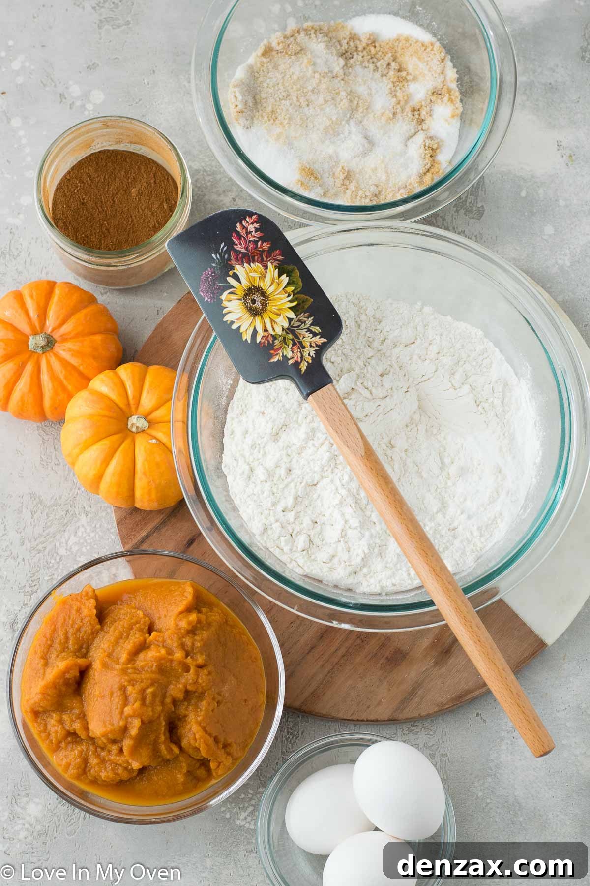 Dry ingredients for pumpkin caramel cake, sifted and ready.