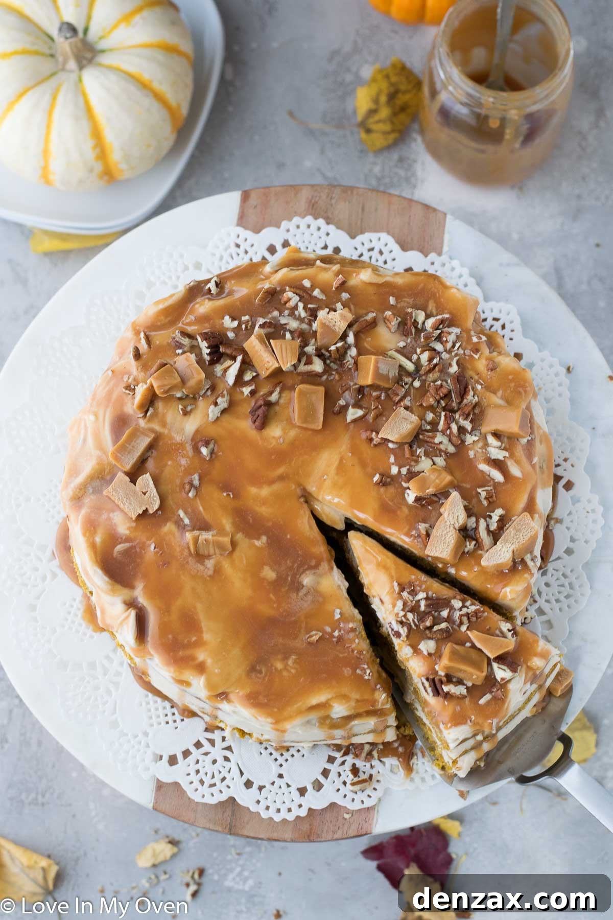 Beautifully frosted Pumpkin Caramel Cake, ready for decoration.