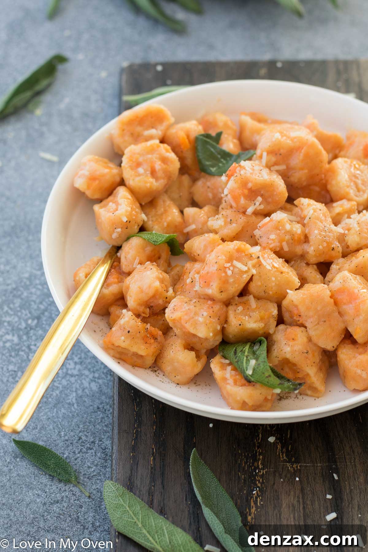 Delicate sweet potato gnocchi with crispy sage leaves in a white bowl