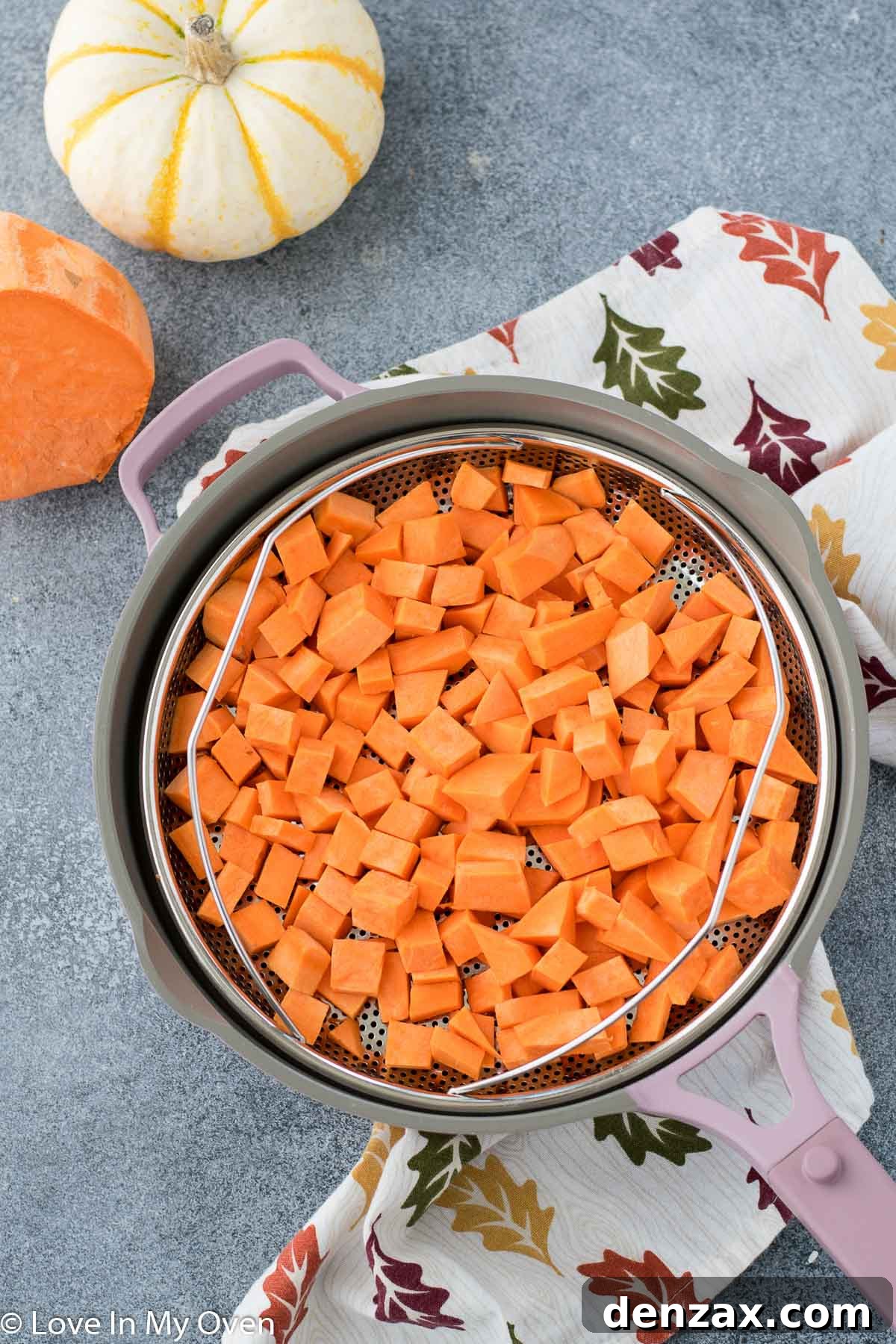 Mashed sweet potato being prepared for gnocchi dough