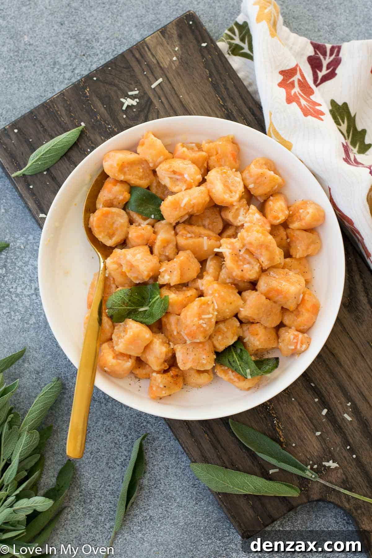 Close-up of freshly cooked sweet potato gnocchi on a serving plate