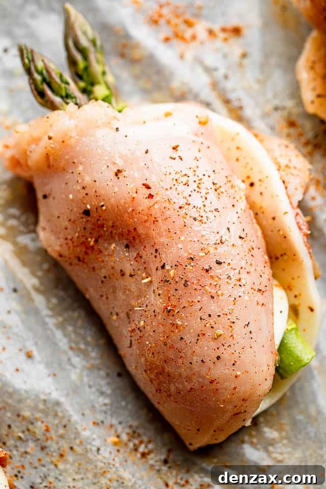 raw chicken breast rolled up with asparagus spears and cheese slice