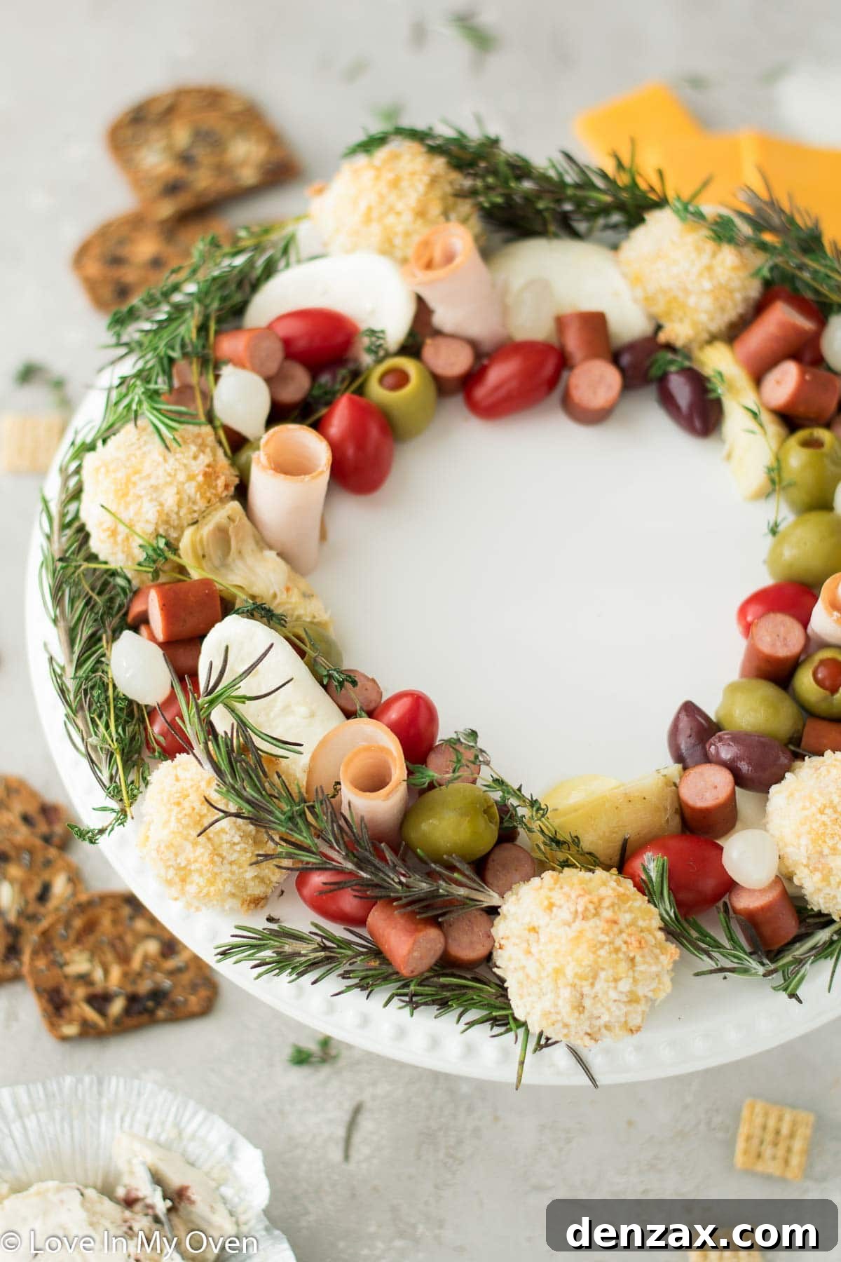Close-up of Holiday Charcuterie Wreath with various ingredients