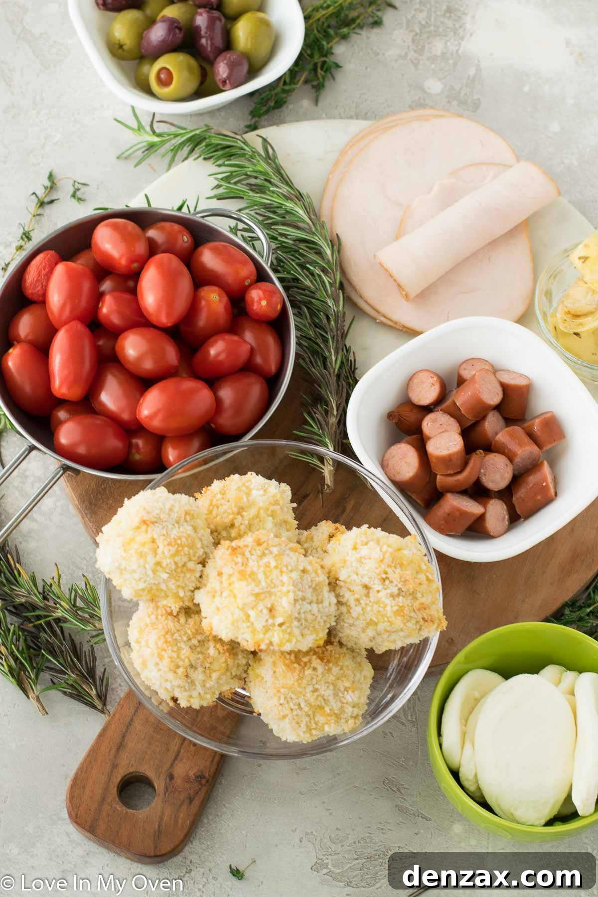 Overhead view of charcuterie wreath with turkey and cheese