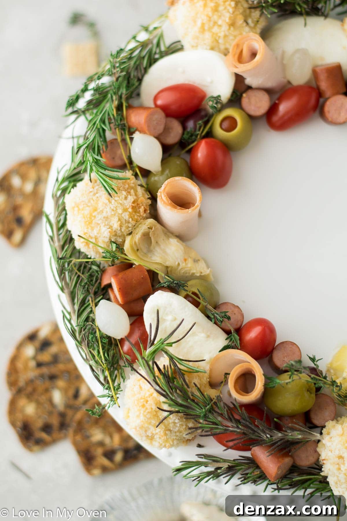 Finished holiday charcuterie wreath, ready to serve