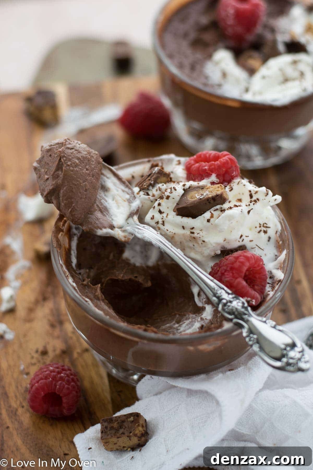 Another angle of the vegan chocolate peanut butter pudding served elegantly.
