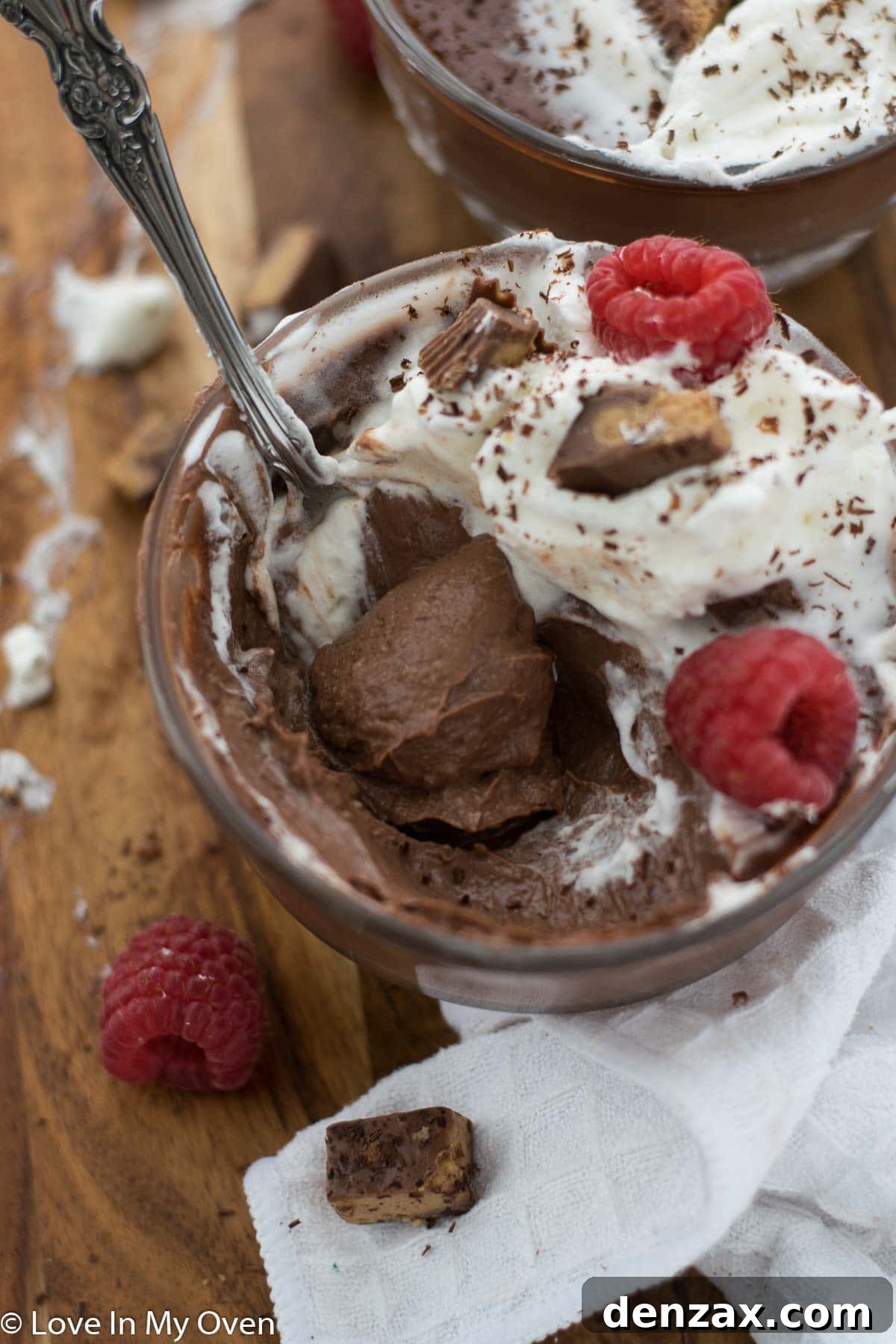 A final close-up of the vegan chocolate peanut butter pudding, emphasizing its creamy texture and rich color.