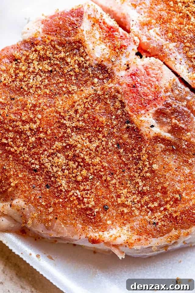 Four raw bone-in pork chops generously coated with a rich, dark seasoning rub, ready for grilling, showcasing the marination process.