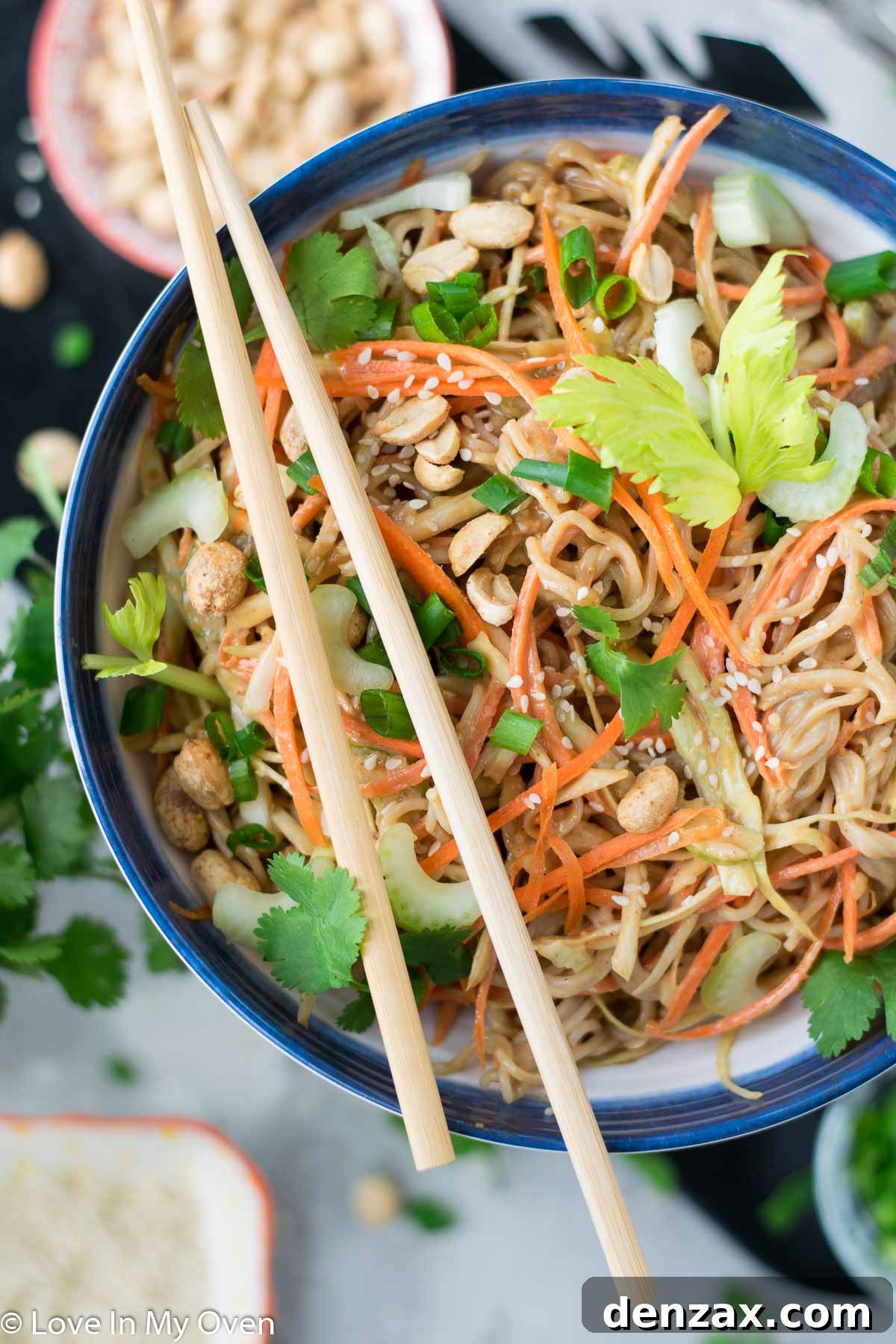 Close-up of Sesame Peanut Noodle Salad in a bowl, showing texture
