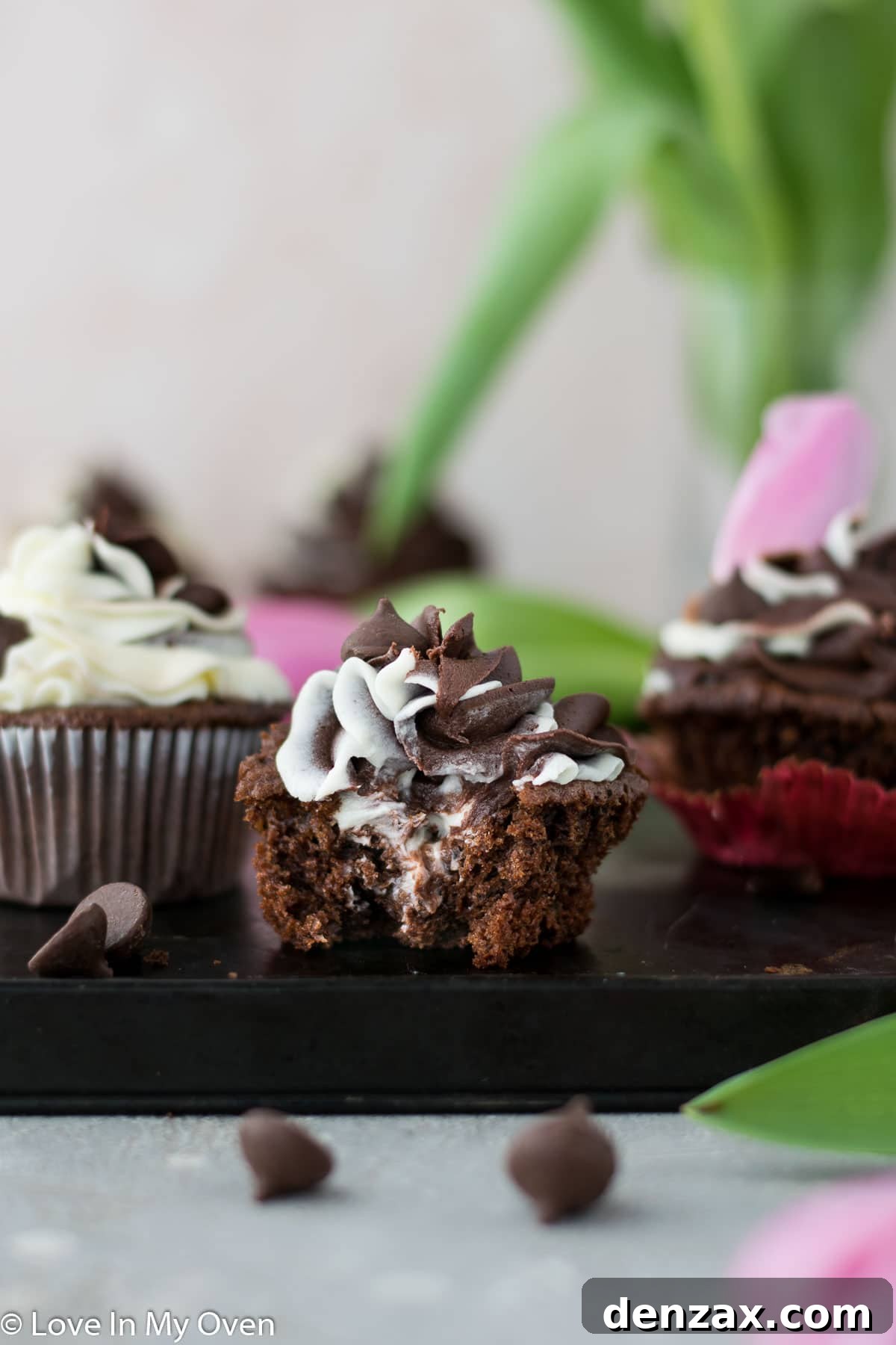 Decadent Tuxedo Cupcakes with White Chocolate Filling