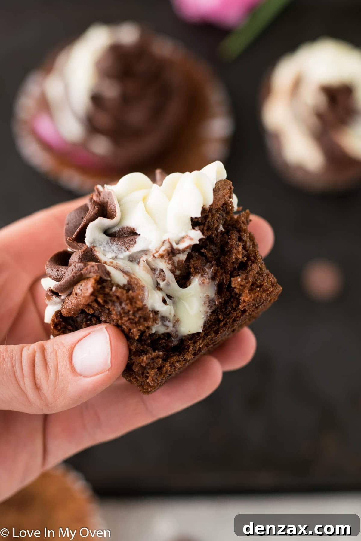 Artistically arranged tuxedo cupcakes