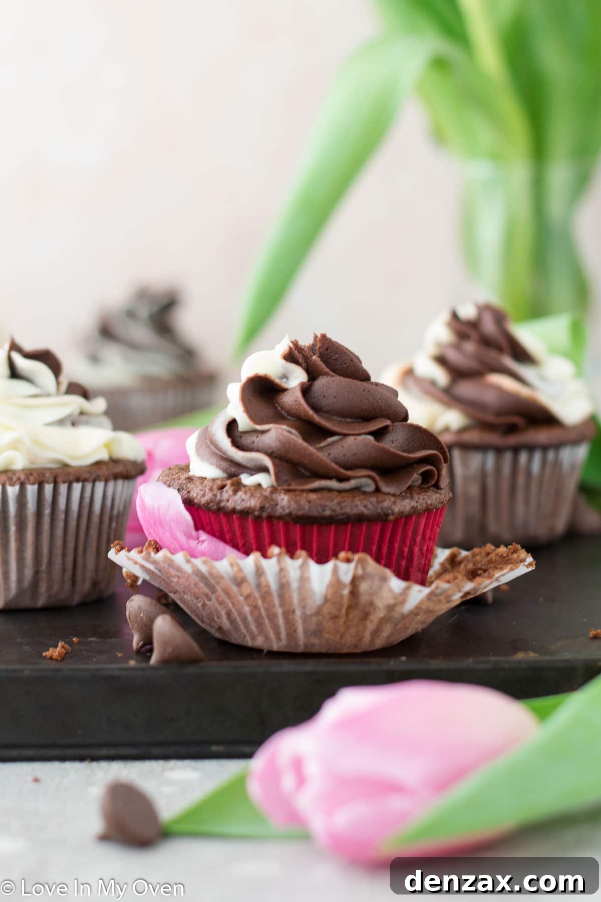 Close-up of a filled tuxedo cupcake
