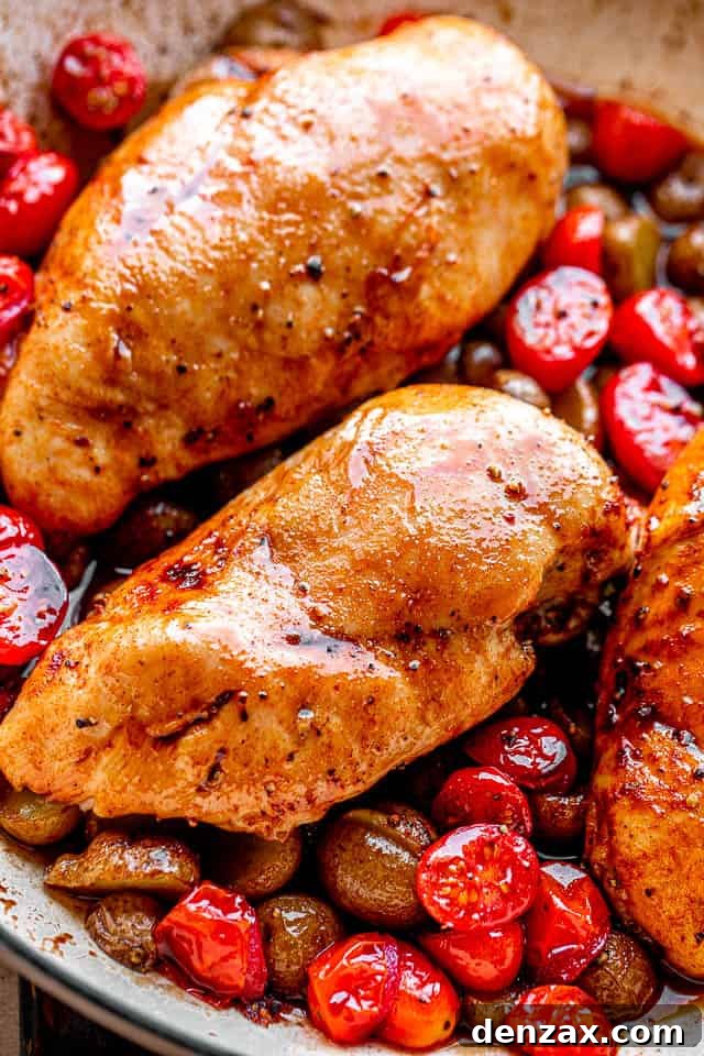 Baked chicken breasts served over a bed of roasted cherry tomatoes and small potatoes, garnished with fresh basil.