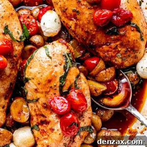 Top view of balsamic baked chicken breasts topped with fresh basil, tomatoes, and mozzarella cheese balls.