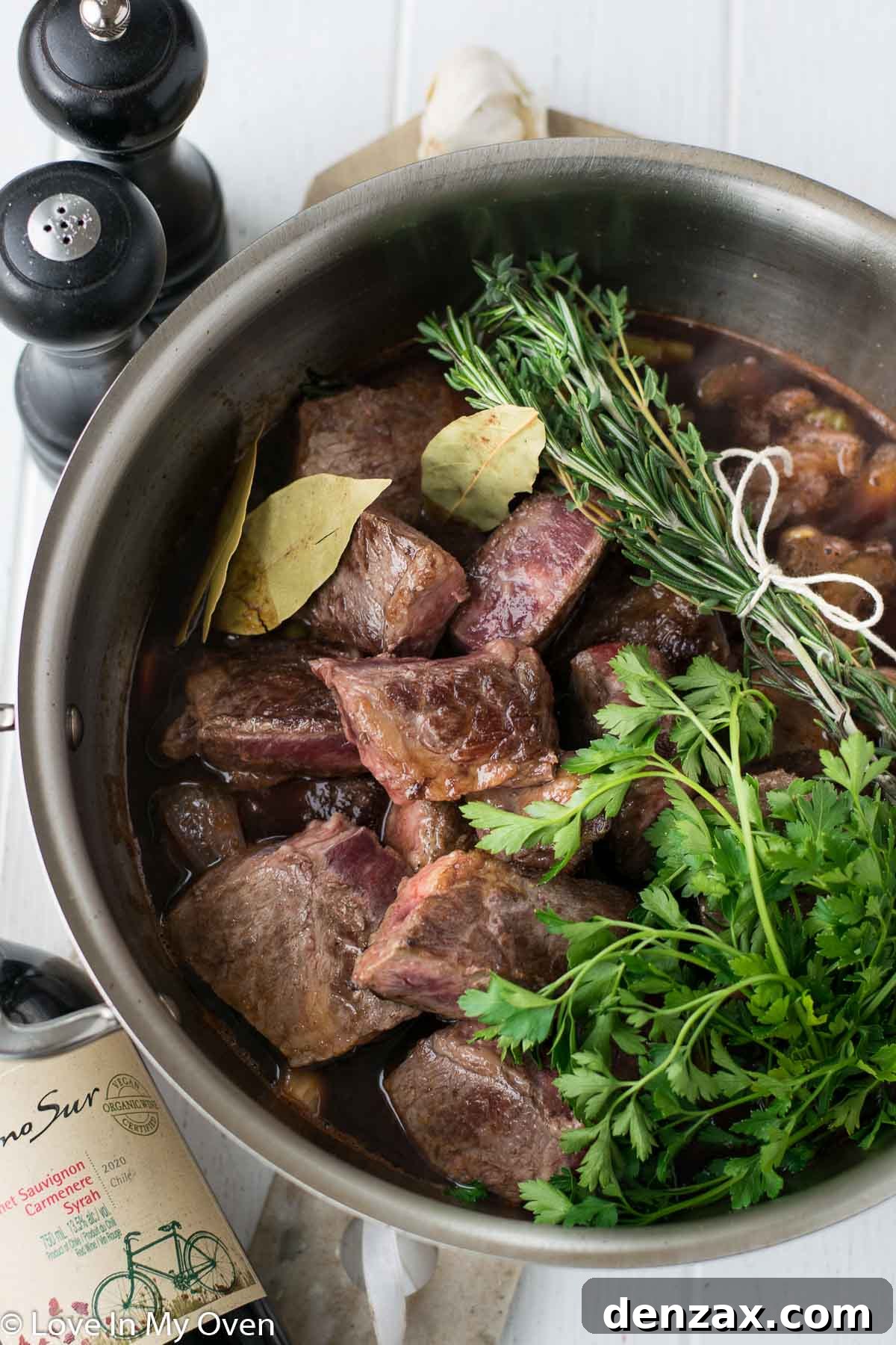 Dutch Oven Braising Red Wine Short Ribs in the oven