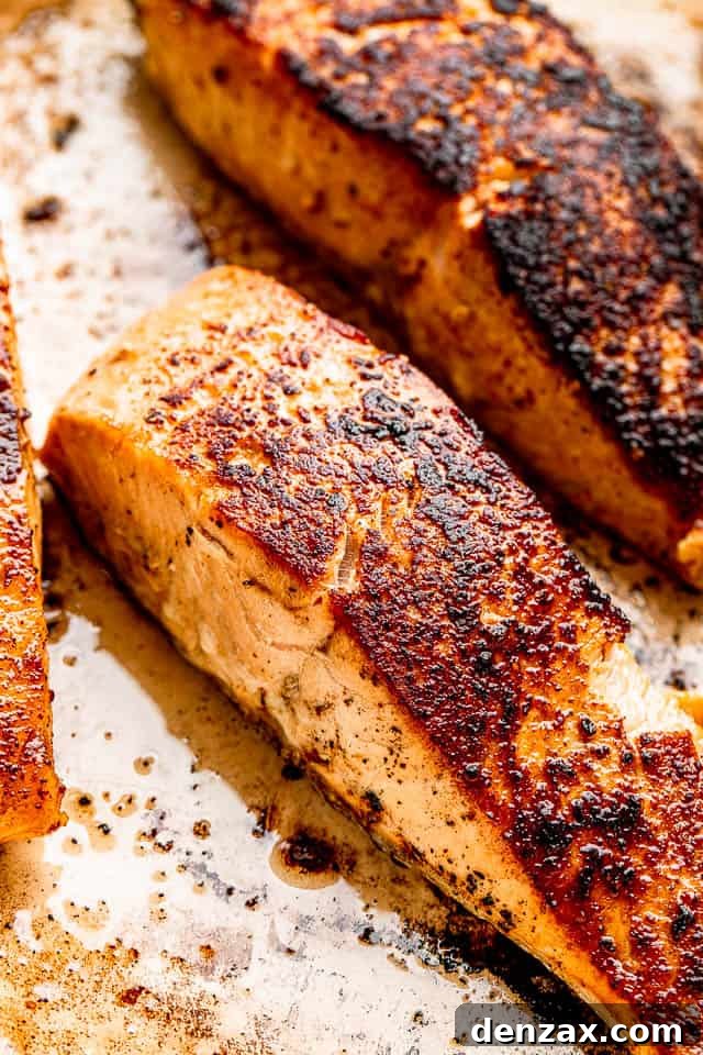 Two pieces of perfectly seared salmon fillets on a plate