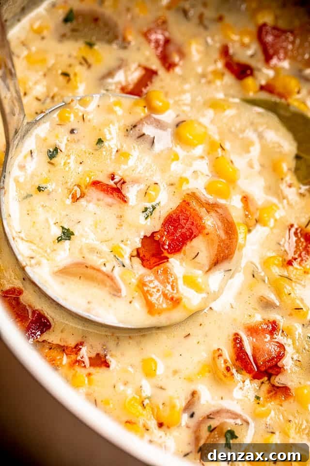 ladling corn chowder soup out of the Instant Pot