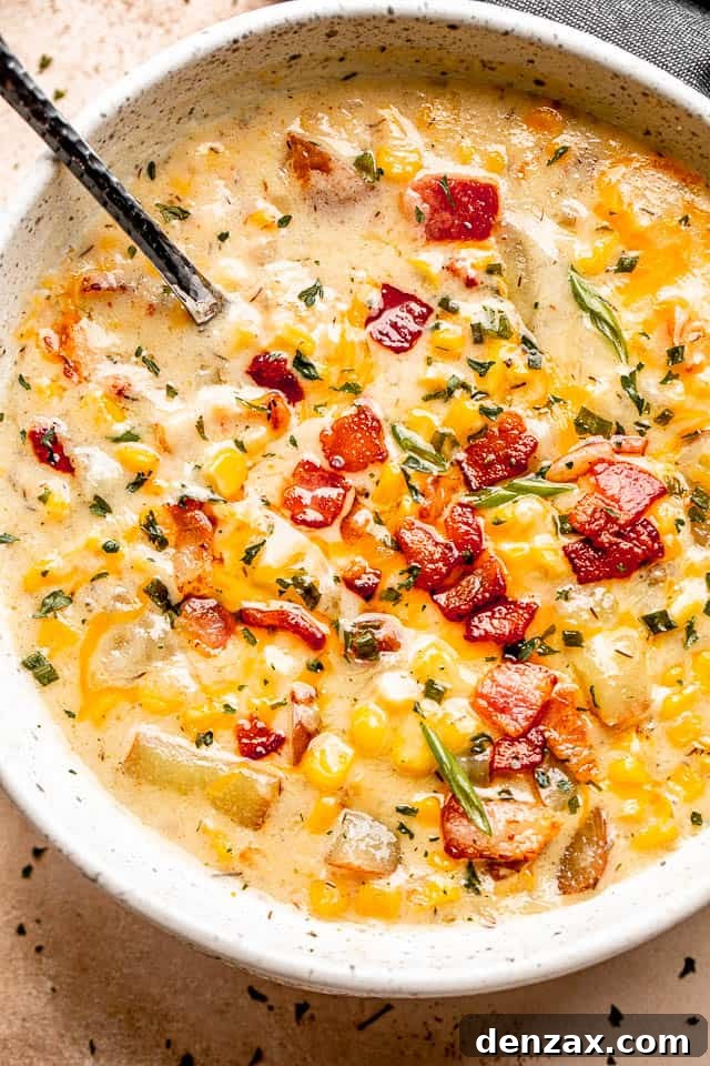 silver spoon inside corn chowder soup in a bowl topped with bacon, green onions, and parsley