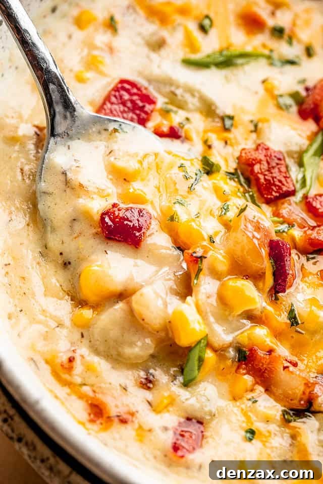 up close shot of a spoon inside creamy corn chowder with bacon