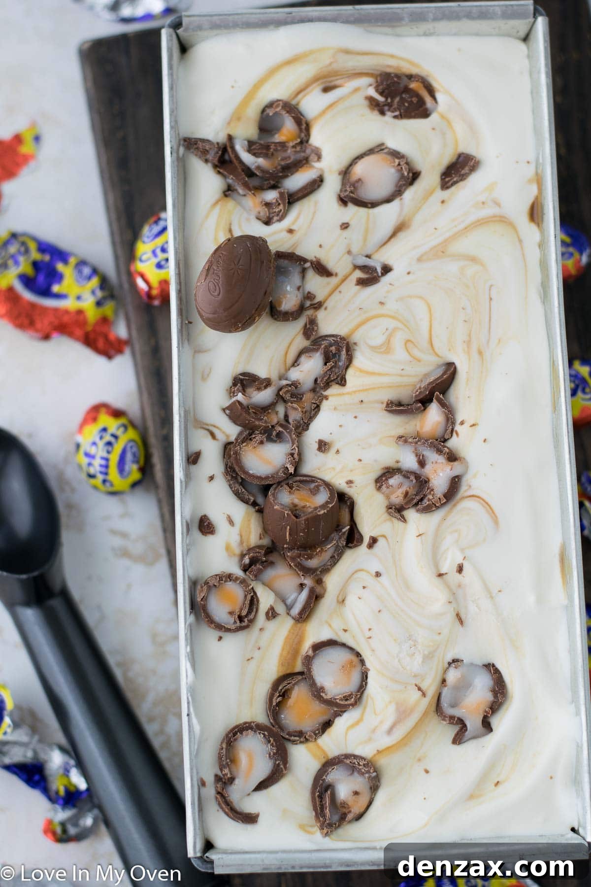 creme egg ice cream ready to freeze