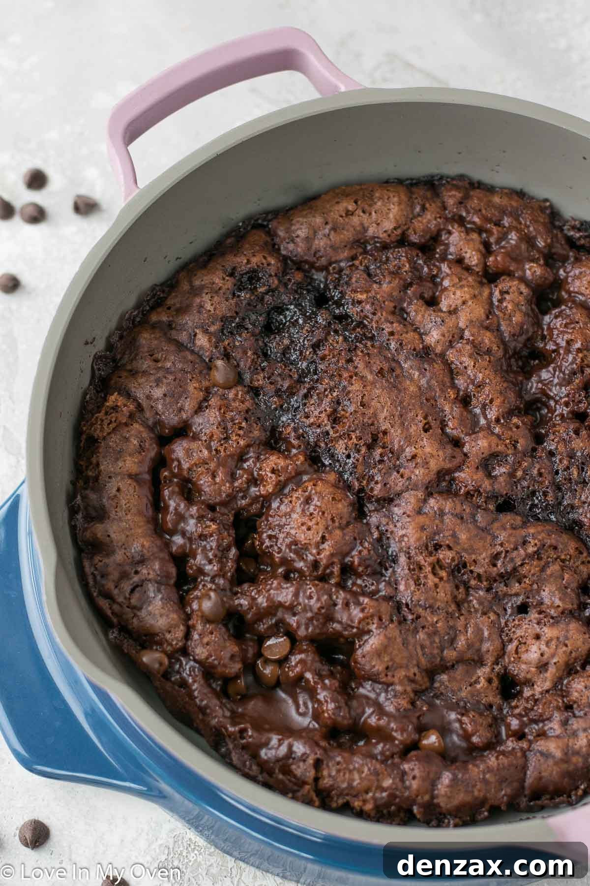 Cooked chocolate upside down cake in pan