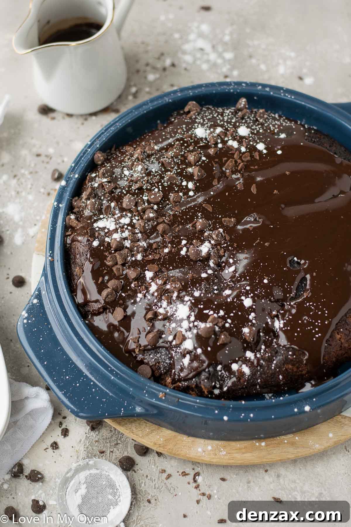 Chocolate upside down cake with ganache