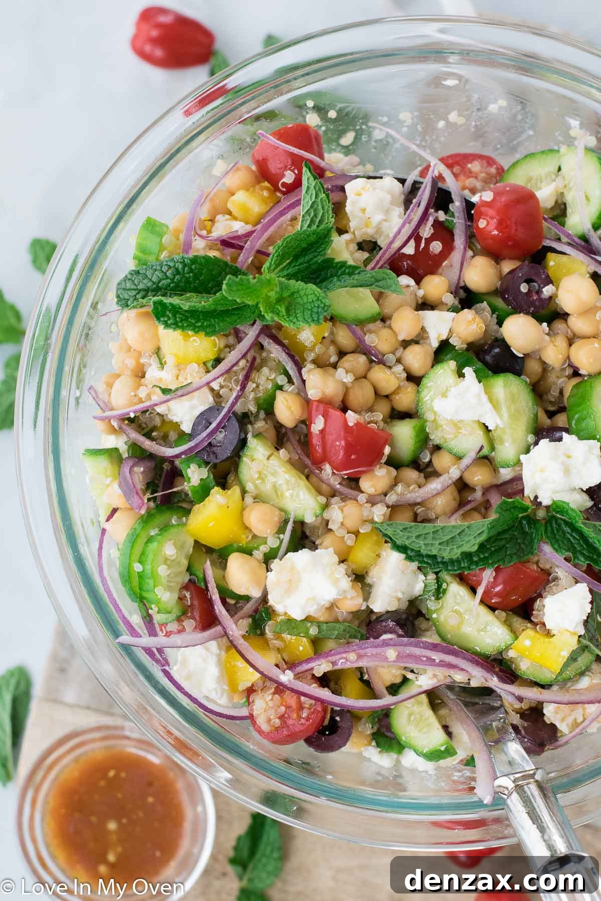Close-up of Greek Chickpea Salad, showing the varied textures and colors.