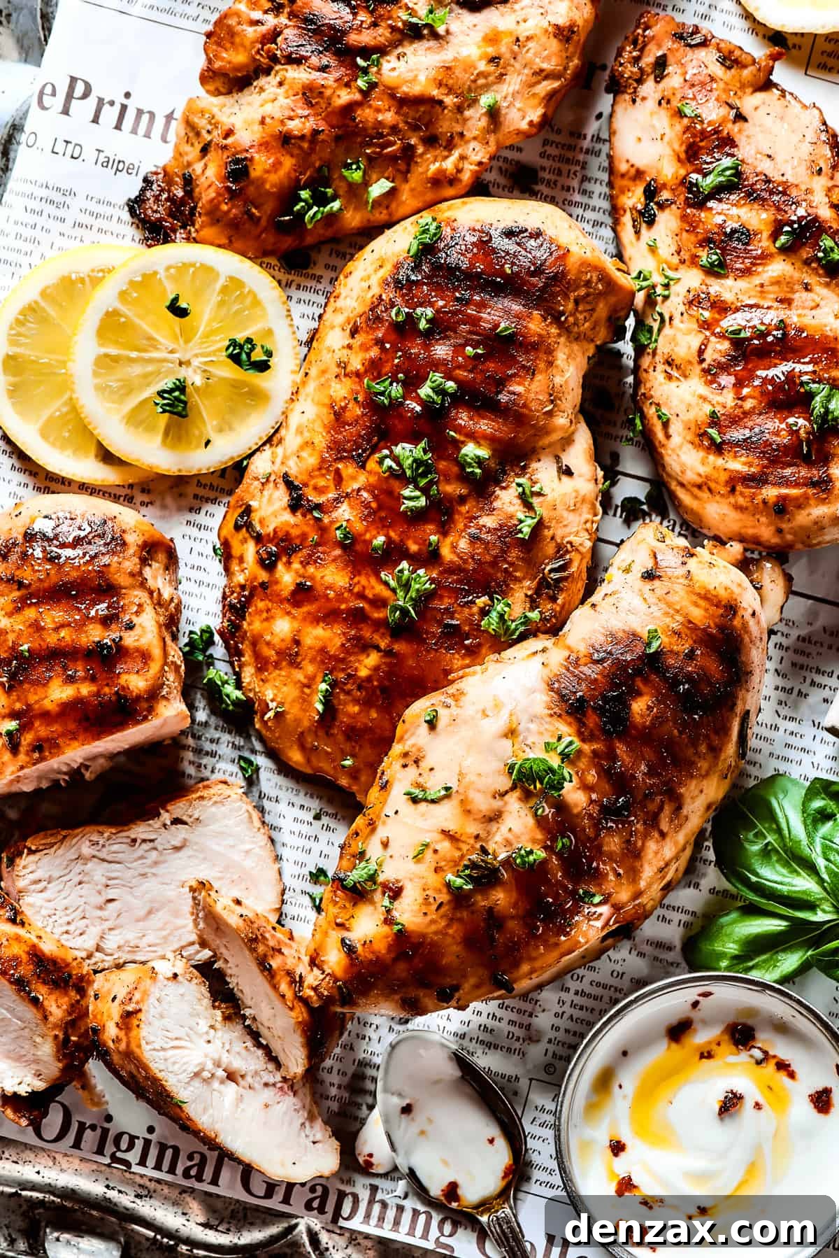 A metal tray showcasing cooked, marinated lemon chicken, garnished with fresh herbs.