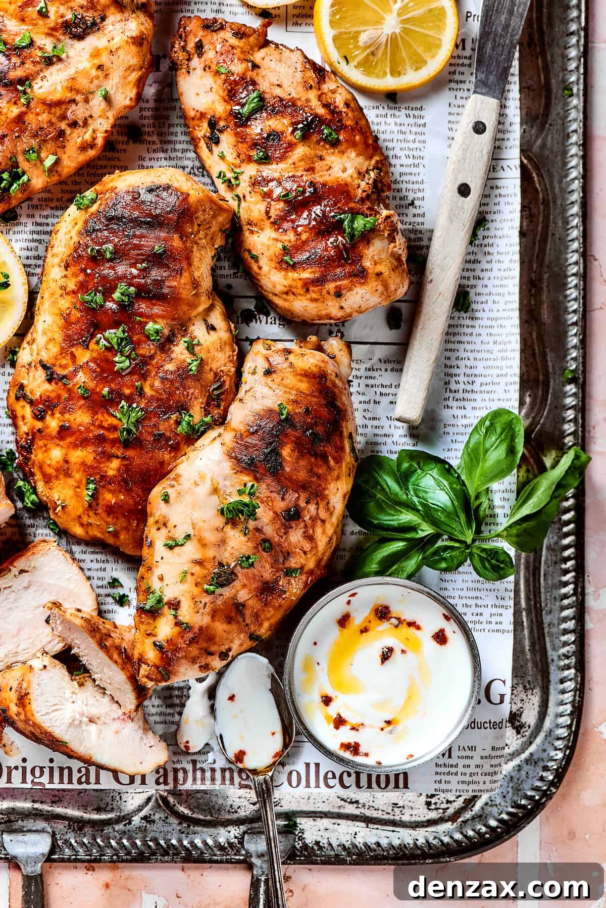 A metal baking tray showcasing perfectly cooked, marinated lemon chicken, ready to be served.