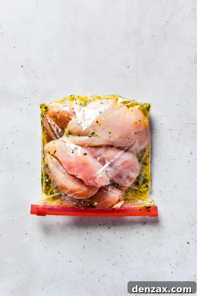 Raw chicken breasts nestled in a zip-top bag, fully coated with the zesty lemon herb marinade.