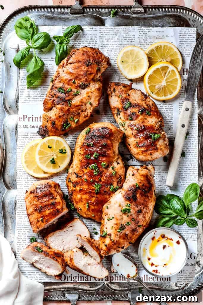 A large platter generously filled with grilled lemon chicken breasts, ready to be served.