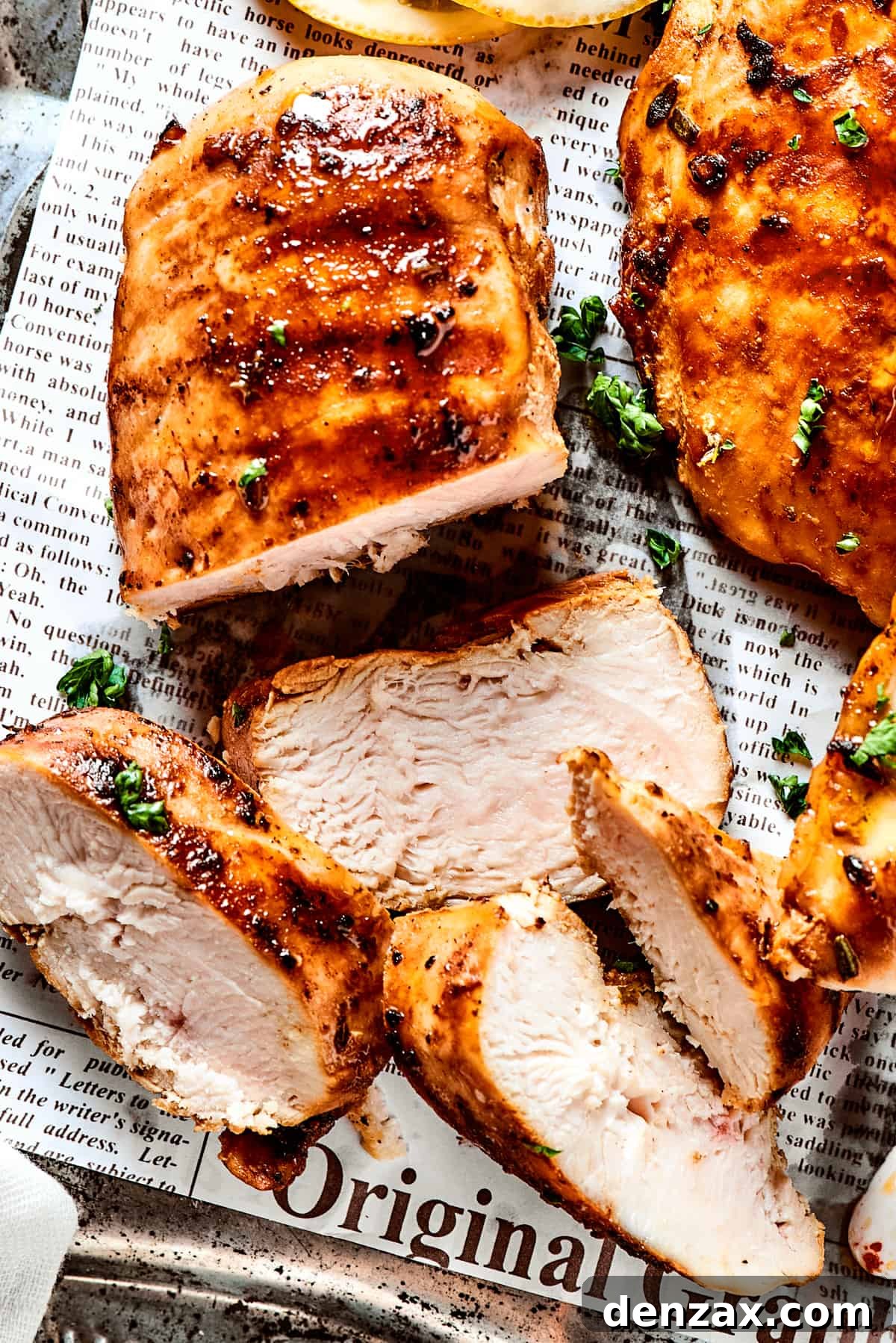 Perfectly sliced, cooked lemon chicken breast arranged on a tray, showing its juicy interior.