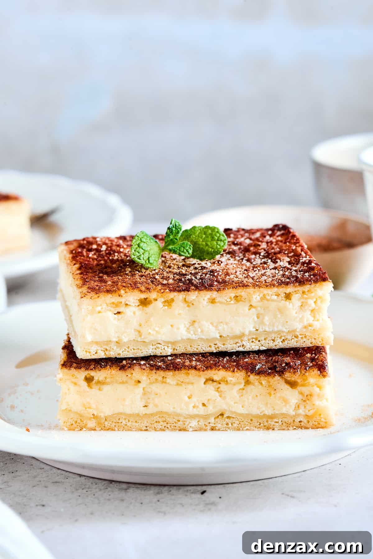 Two squares of cheesecake stacked on top of each other.