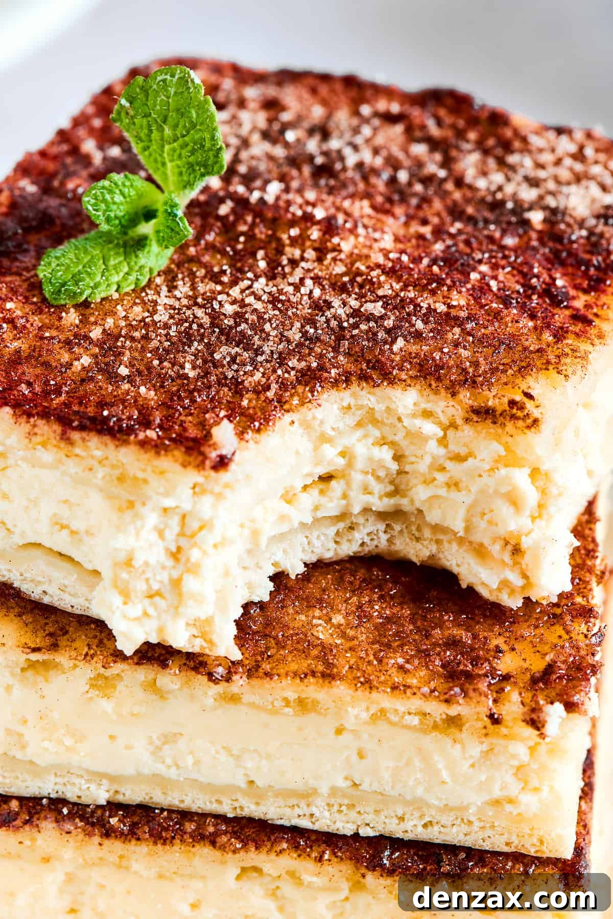 Close-up of cheesecake bars with a bite taken from the top bar.