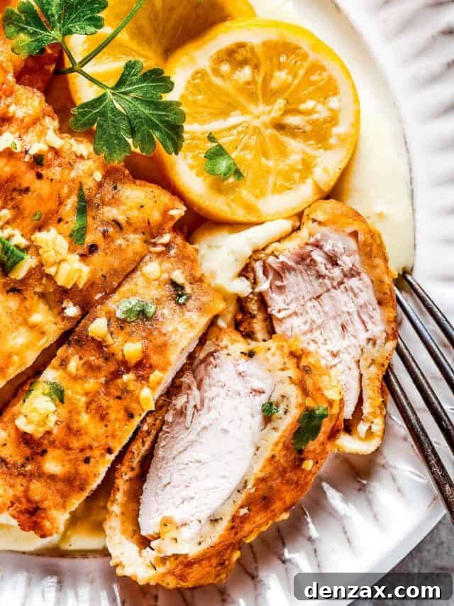 Sliced Breaded chicken with parsley and lemon slices placed next to it.