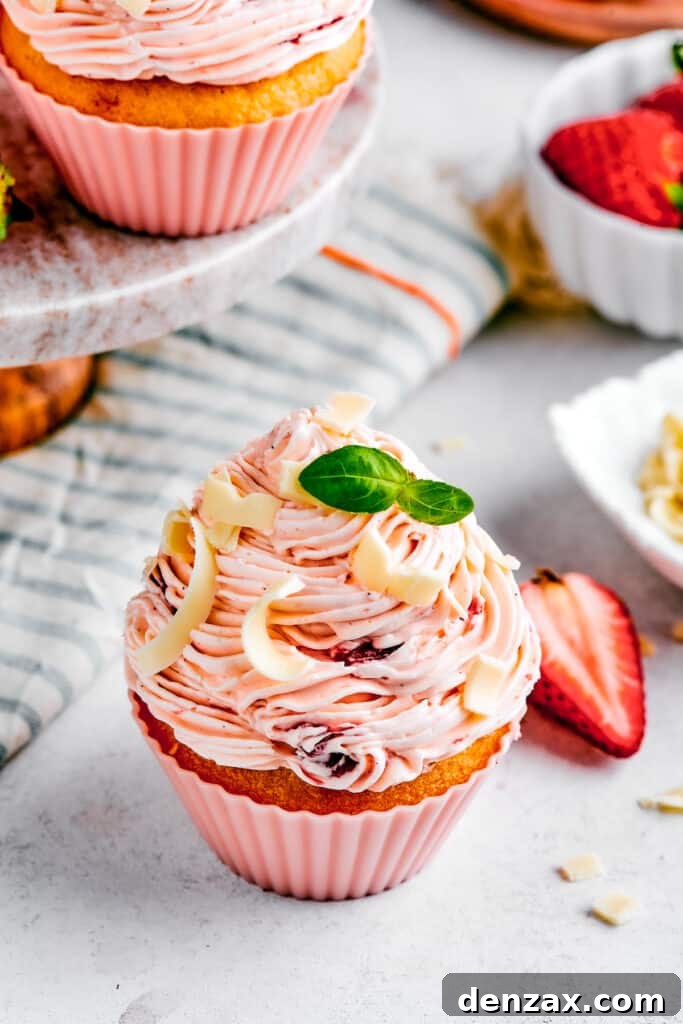 An overhead shot showing a beautifully frosted strawberry cupcake next to a discarded cupcake liner and half a fresh strawberry.