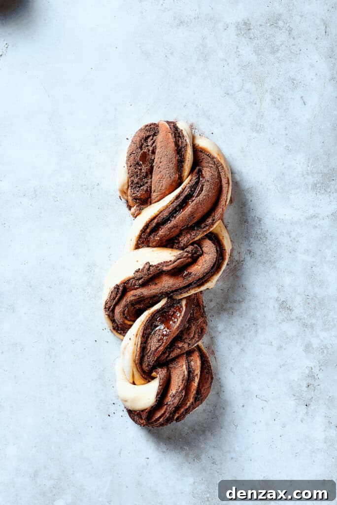 Layered, chocolate filled pieces of dough wrapped around each other.