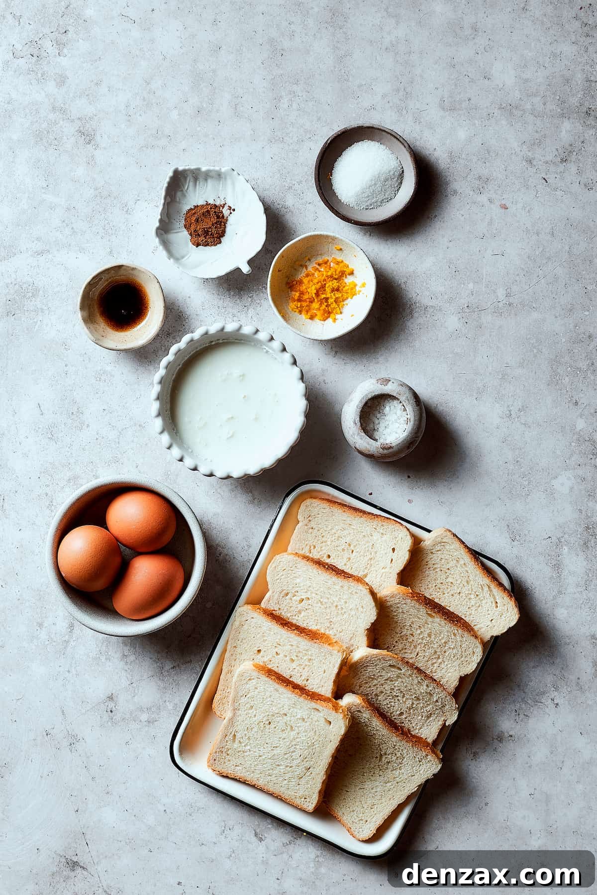 Cinnamon, sugar, orange zest, salt, brioche bread, eggs, heavy cream.