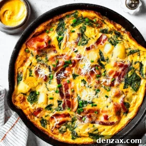 overhead shot of a fully-cooked frittata in a cast-iron skillet.