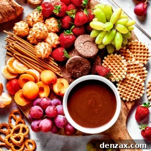 A dessert board with fruit, waffles, pretzels, and with a bowl of fondue in the center.