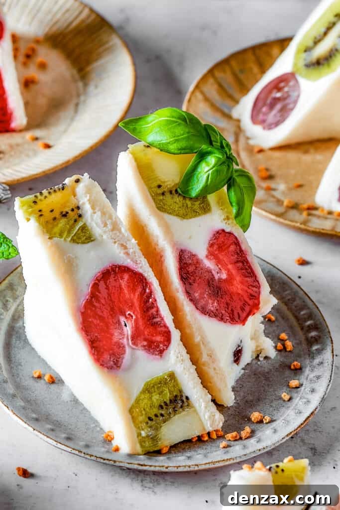 A sliced kiwi and strawberry fruit sando, beautifully presented on a plate.
