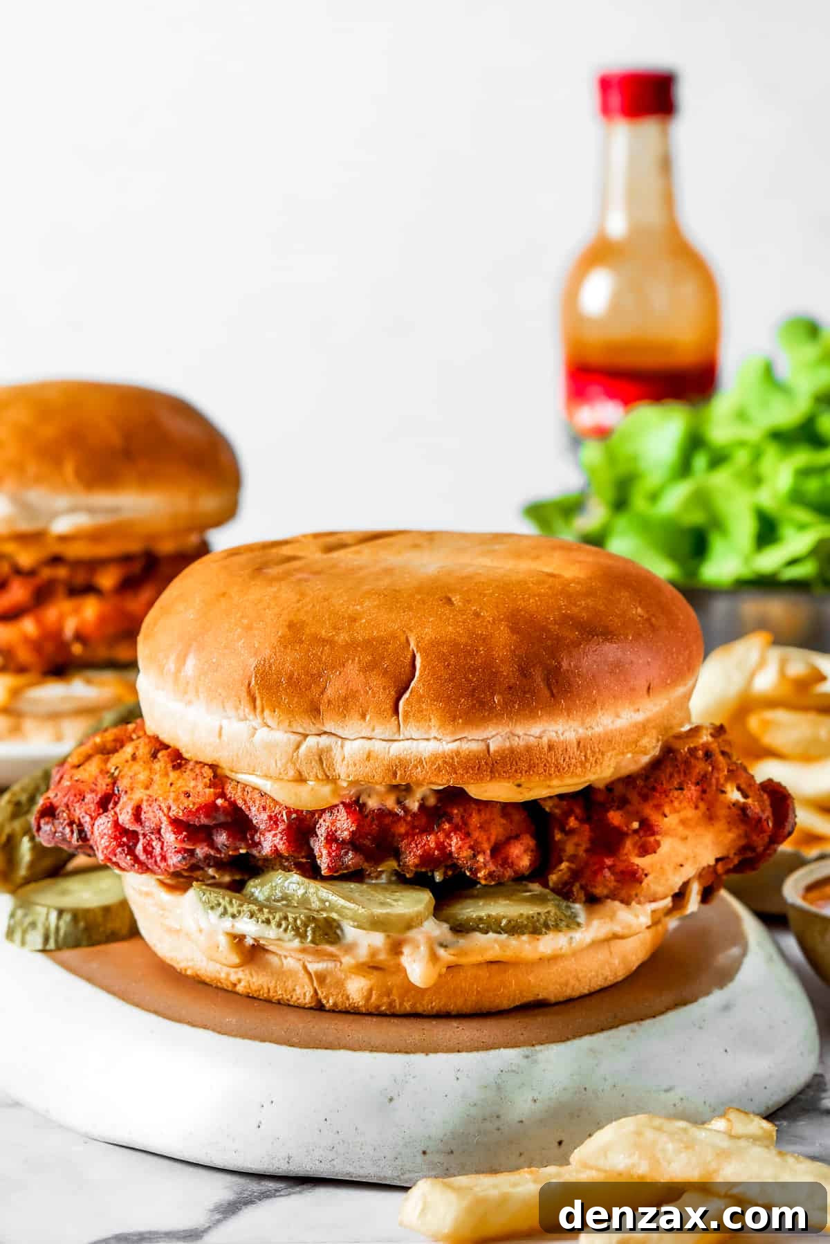 A finished copycat KFC chicken sandwich with pickles, salad, and a bottle of hot sauce.