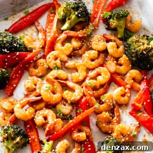 Overhead shot of Sheet Pan Teriyaki Shrimp Stir Fry.