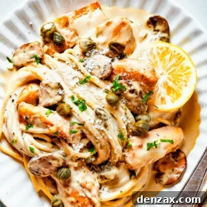 Chicken in caper-lemon sauce with pasta on a pale dinner plate.