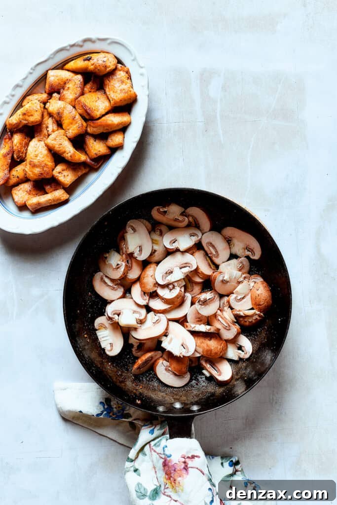 Cooking mushrooms in a skillet.