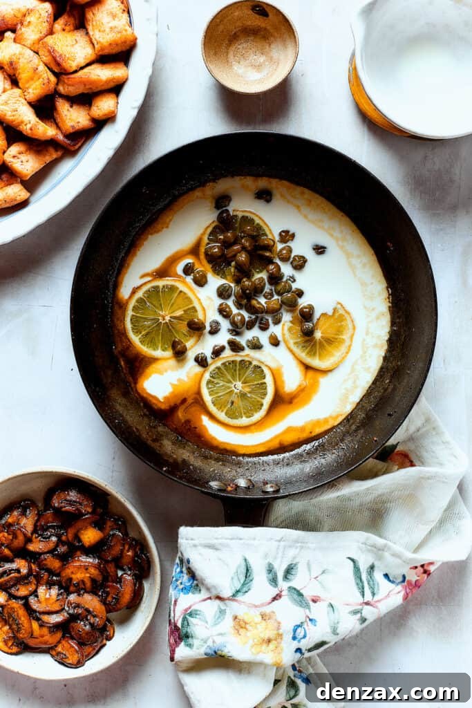 Making a caper and lemon sauce in the skillet.