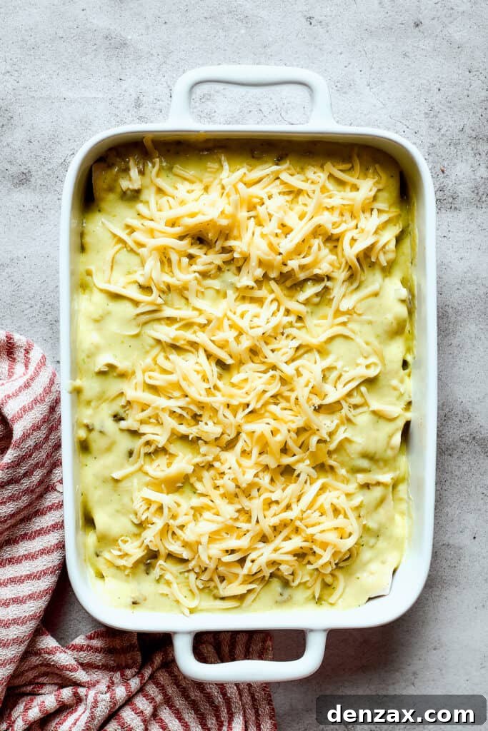 Unbaked shrimp enchiladas, covered with sauce and cheese, ready for the oven.